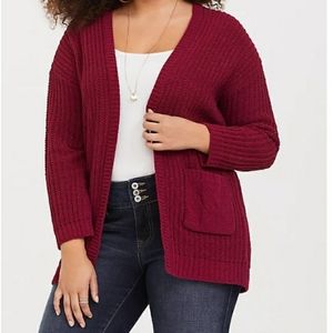 TORRID RED METALLIC LUREX KNIT CARDIGAN, SIZE 3